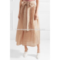Belted Ivory And Brown Striped A-Line Midi Summer Skirt Manufacture Wholesale Fashion Women Apparel (TA0051S)